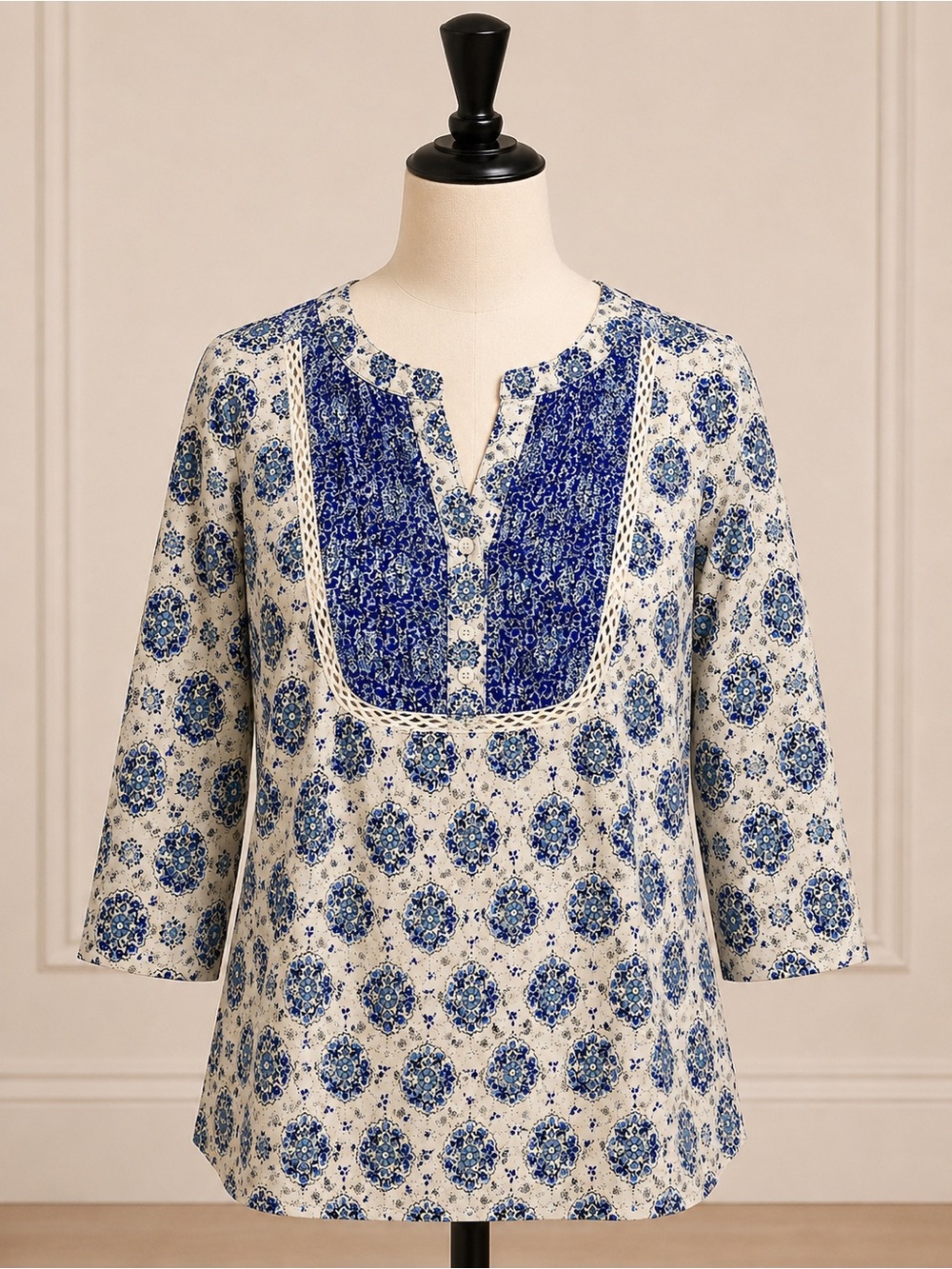 Dex White Tunic with Blue Floral Medallion Print and Crochet Yoke